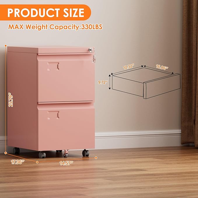 SUXXAN 2 Drawer Mobile File Cabinet with Lock, Under Desk Metal Filing Cabinet for Office, Home,Vertical Cabinet Legal/Letter Size, Need to Assembled (Pink)