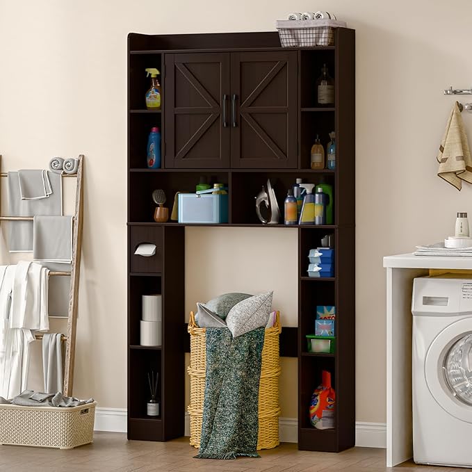 Farmhouse Storage Cabinet Over Toilet with Barn Doors，Over The Toilet Storage Cabinet, Home Space-Saving Toilet Rack, for Bathroom, Restroom, Laundry.Espresso