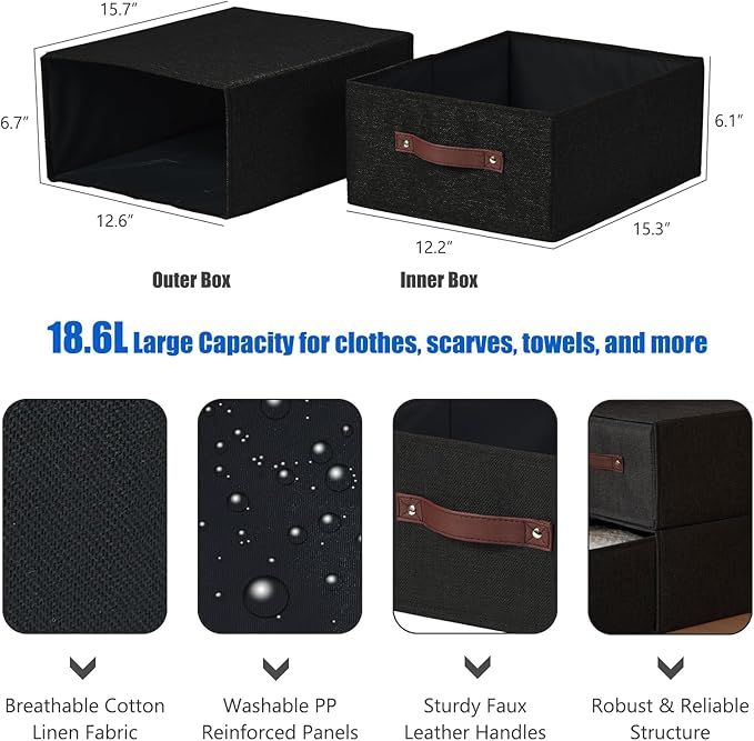 2PCS Closet Drawer Organizer Stackable Fabric Storage Boxes Bins Baskets with Lid PU Leather Handles Foldable Washable Cotton Linen Wardrobe Shelf Cloth Towels Container (Black, Large)