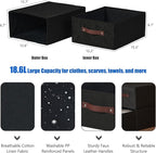 4PCS Closet Drawer Organizer Stackable Fabric Storage Boxes Bins Baskets with Lid PU Leather Handles Foldable Washable Cotton Linen Wardrobe Shelf Cloth Towels Container (Black, Large)