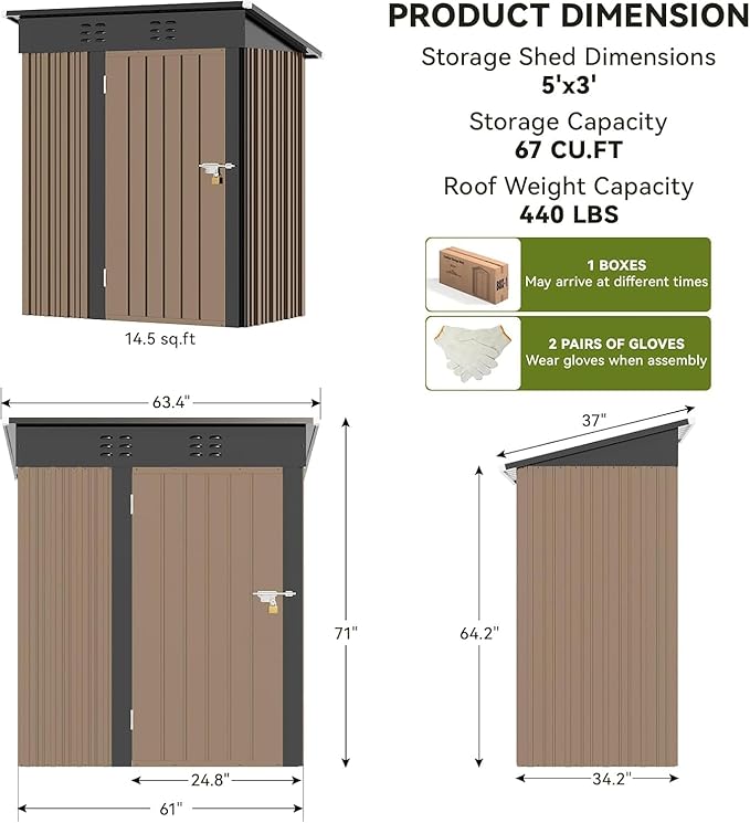 COMHOMA Shed Outdoor Storage Shed Metal,Lockable Doors Tool Sheds with Sloping Roof,Steel Garden Shed with Air Vent for Backyard,Patio,Lawn,Poolside(Brown,5'*3')
