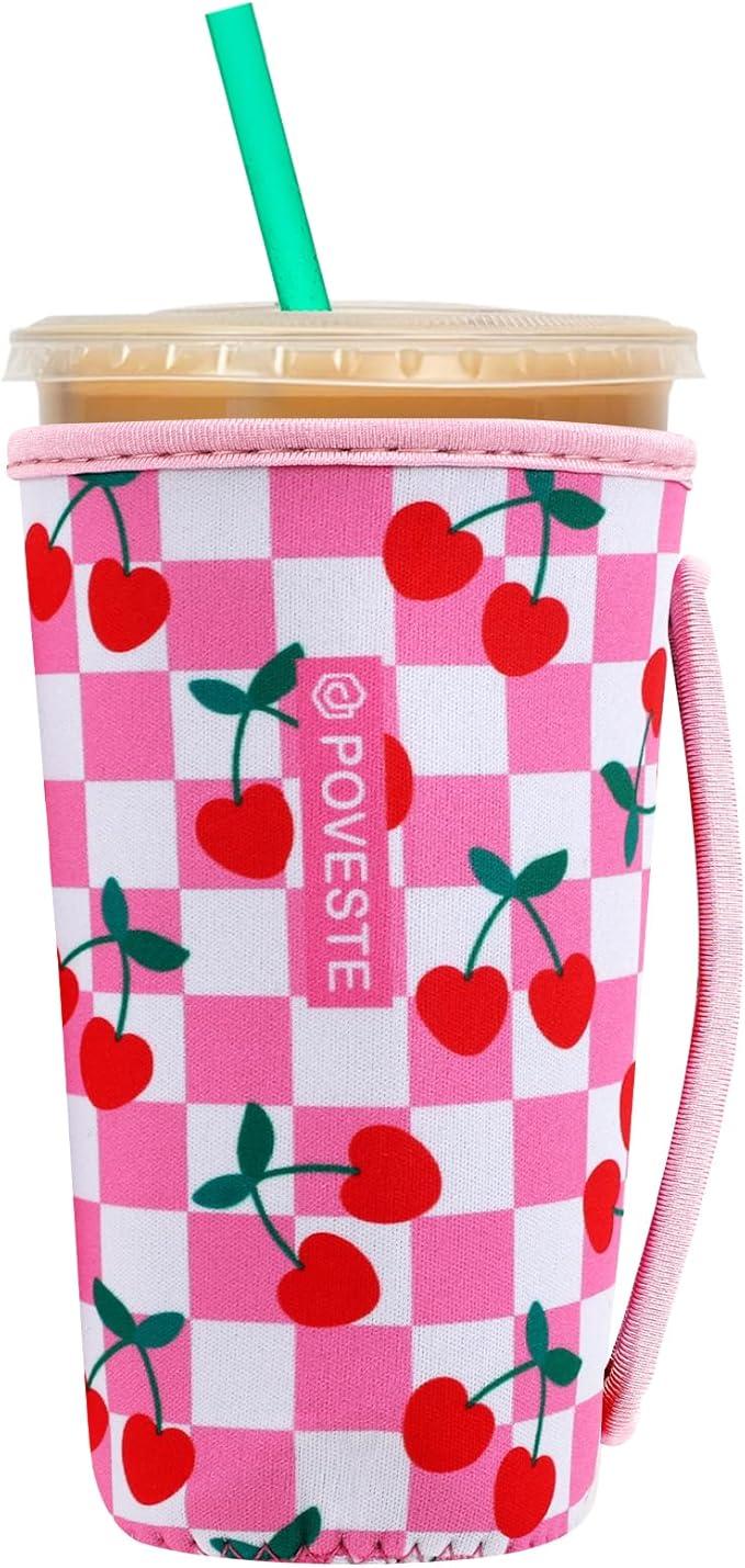 Reusable Neoprene Insulator Sleeve for Iced Coffee & Cold Soda, Coffee Sleeves for Iced & Hot Drinks, Cold Beverage Cooler Compatible with Starbucks, Dunkin (Pink Checkerboard&Cherry, Large: 32oz)