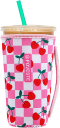 Reusable Neoprene Insulator Sleeve for Iced Coffee & Cold Soda, Coffee Sleeves for Iced & Hot Drinks, Cold Beverage Cooler Compatible with Starbucks, Dunkin (Pink Checkerboard&Cherry, Large: 32oz)
