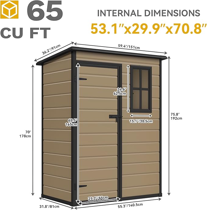 DWVO 5x3ft Resin Outdoor Storage Shed with Floor, Waterproof Lockable Storage Shed with Window, Plastic Outside Tool Storage for Garden Backyard Patio Lawn