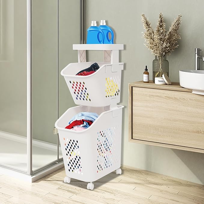 2-Tier Rolling Laundry Cart with Wheels, Stackable Vertical Laundry Sorter & Organizer for Bathroom, Bedroom, and Laundry Room (2-Tier)