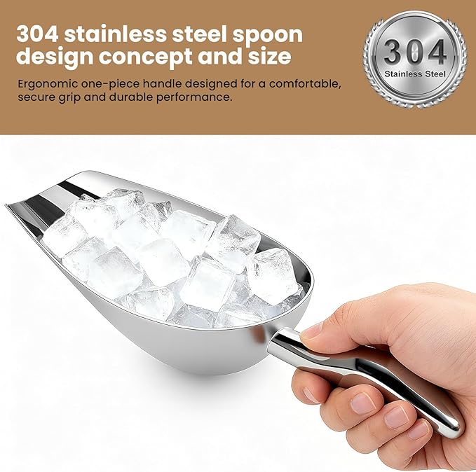 304 Stainless Steel Ice Scoop - 8oz Heavy Duty Ice Shovel for Freezer & Ice Maker, Commercial Scooper for Kitchen, Bar, Party Ice Bucket (Sleek Silver)