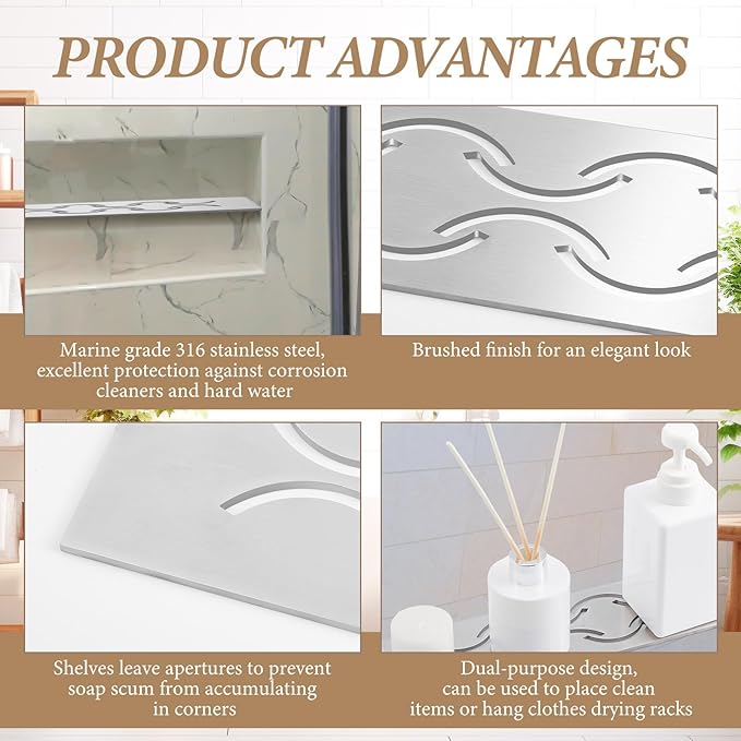 1 Pack Niche Rectangular Shelf for 12 Prefabricated Board Niche Fits 5/32 Grout Line, 4mm Thick, Bathroom Wave Design, Marine Grade Brushed 316 Stainless Steel