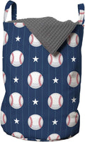 Ambesonne Sports Laundry Bag, Baseball Patterns on Vertical Striped Background Stars Design, Hamper Basket with Handles Drawstring Closure for Laundromats, 13" x 19", Blue Red
