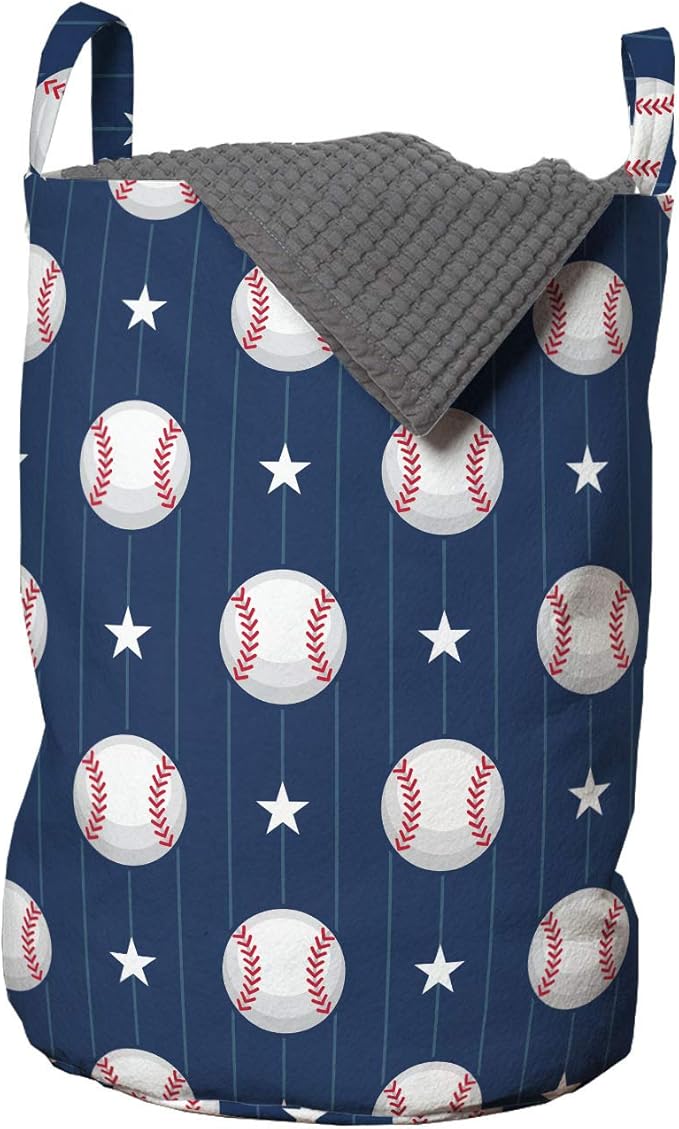 Ambesonne Sports Laundry Bag, Baseball Patterns on Vertical Striped Background Stars Design, Hamper Basket with Handles Drawstring Closure for Laundromats, 13" x 19", Blue Red