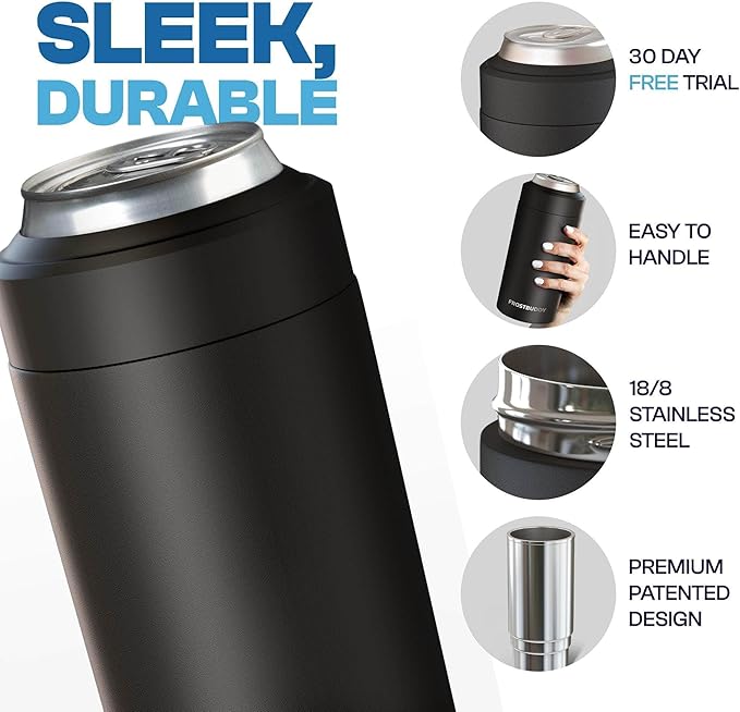 Frost Buddy Universal Can Cooler - Fits all - Stainless Steel Can Cooler for 12 oz & 16 oz Regular or Slim Cans & Bottles - Stainless Steel (Diamond Plate - Black)