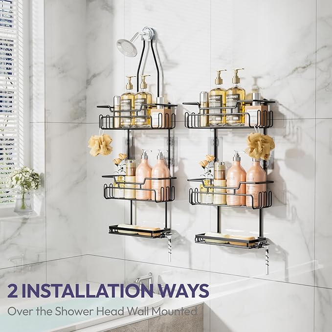 SWTYMIKI Bathroom Shower Caddy Hanging - 3 Tier Rustproof Over Shower Head Organizer, No Drilling Bathroom Shelf with 16 Hooks & Soap Holder, Anti-Swing Rack for Shampoo,Sponge,Towel, Black, Medium