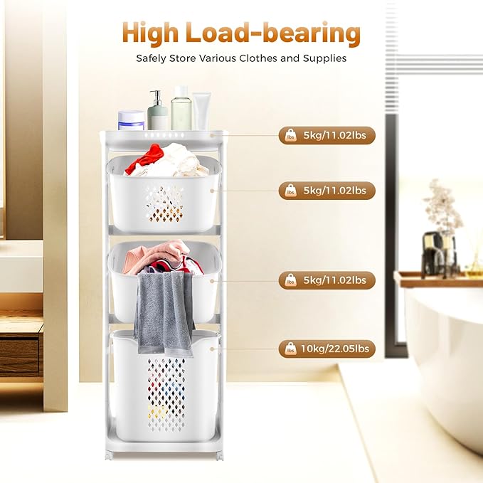 Laundry Basket, 3 Tier Sorter Clothes Storage Hampe Organizer Shelf Rolling Cart, Dirty Clothes Basket Laundry Basket with 4 360° Pulley, 55.12Lbs Load Porous Design
