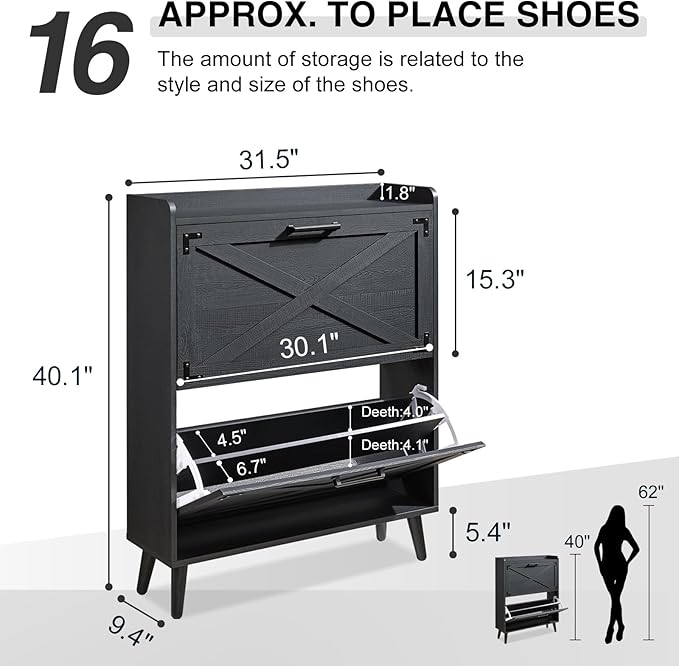 Shoe Storage Cabinet, Farmhouse Shoe Organizer with 2 Flip Drawers & Barn Door Design, Freestanding Hidden Slim Narrow Shoe Rack Cabinet for Entryway, Foyer, Hallway, Black