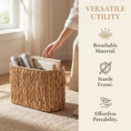 Toilet Paper Storage, Handwoven Toilet Paper Baskets with Handle for 9 Standard Rolls, Large Water Hyacinth Magazine Holder Narrow Wicker Trash Can for Bathroom Accessories