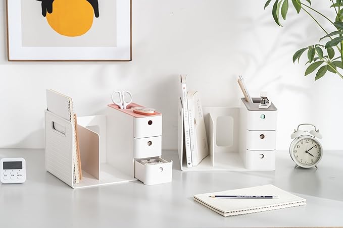 White Plastic Desktop Organizer with File slots,3-tier Drawers with Pen Holder,Book Stand for Office Supplies and Desk Accessories (White+Grey)