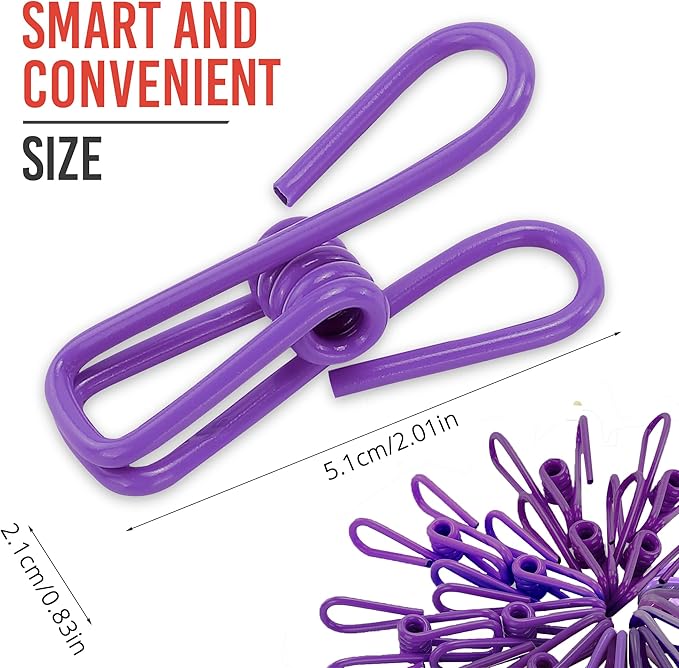 30 Pack Purple Chip Bag Clips for Food - PVC 2 Inch Coated Sealer for Sealing Food - Paper Holder, Clothesline Clip for Laundry Hanging, Kitchen Bags, Multipurpose Clothes Pins