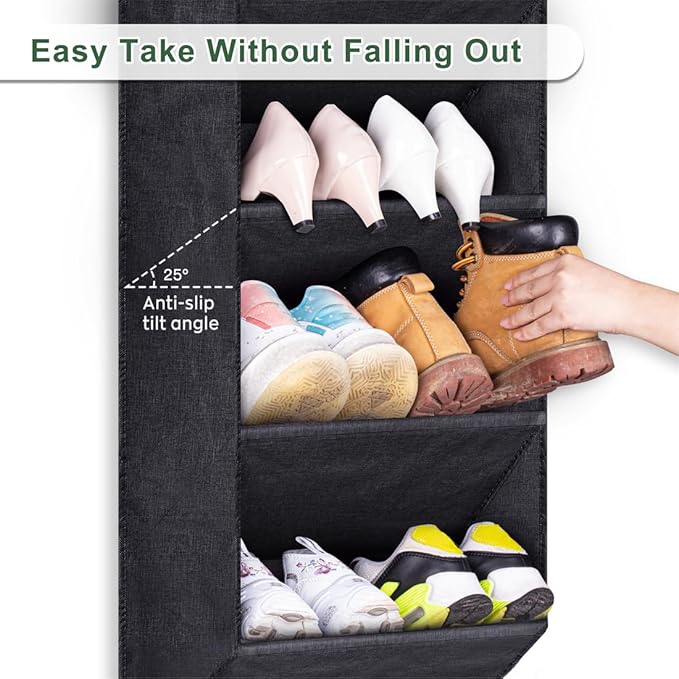 SLEEPING LAMB Over the Door Shoe Rack for Closet, Short Hanging Shoe Organizer with Large Deep Pockets, Narrow Door Sneaker Storage for Boots in RV, Dorm, Black