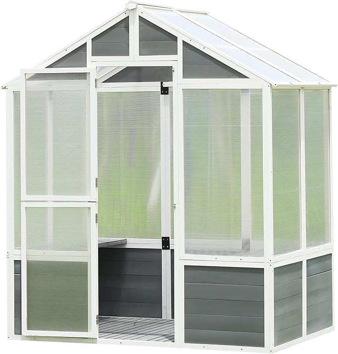 Polycarbonate Greenhouse,Outdoor Wooden Green House, Walk-in Hobby Garden Shed with Front Entry Door,for Patio Backyard Lawn,Plants, White