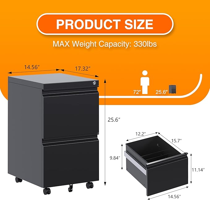 Aobabo 2 Drawer File Cabinet with Lock, Pre-Assembled Mobile Filing Cabinet Under Desk, Anti-Tilt Rolling Metal Office Storage for Letter and Legal Size, Black