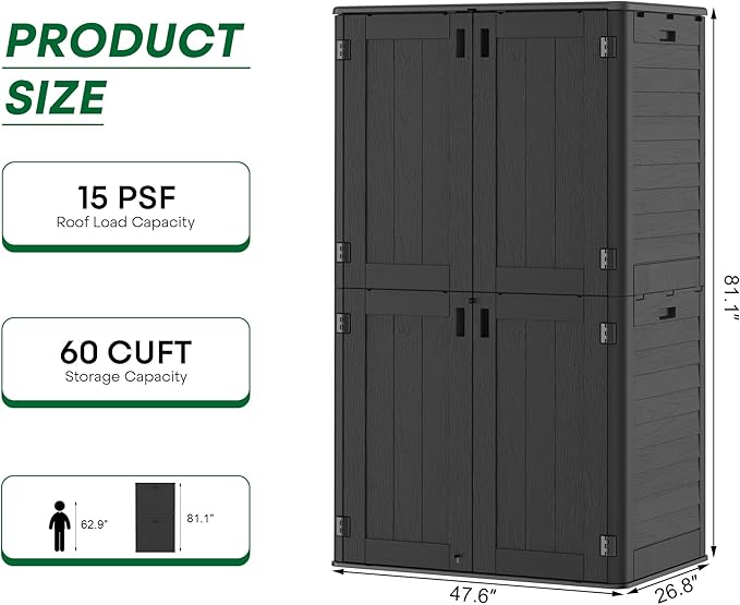 Vertical Outdoor Storage Shed, 60 Cu.Ft Resin Storage Cabinet Waterproof with Lockable Floor, All-Weather Tall Backyard Shed for Patio Furniture, Garage, Garden, Porch (Black)