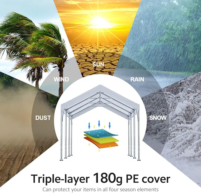 ADVANCE OUTDOOR 12x20 ft Canopy Garage Heavy Duty Carport Car Boat Shelter Party Tent, Adjustable Peak Height from 9.5ft to 11ft, White
