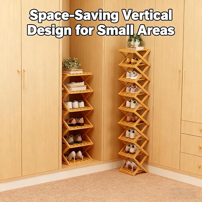 The 9-Tier No-Assembly Bamboo Rack, 2026 Upgraded Foldable Bamboo Shoe Rack, Space-Saving Organizer for Shoes, No Assembly Narrow Shoe Shelf for Entryway Closet Dorm (Brown,5-Tier)