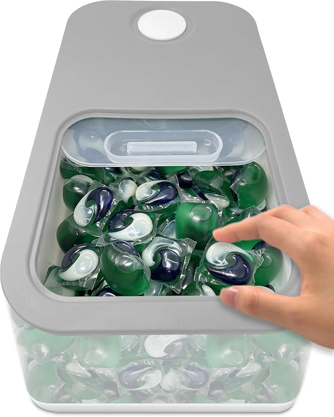TidyFriend Laundry Pods Container with Slide Lid, 15"x8.7"x4.5", Airtight Storage Keeps Pods Fresh, Holds 9–10 lbs or 100–130 Pods, Laundry Detergent Container & Dishwasher Pod Holder (Clear & Grey)