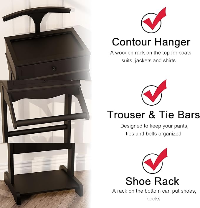 Brefhome Mens Valet Stand with Drawer & Tray, Wooden Clothing Rack for Men Women, Modern Garment Rack for Entryway, Bedroom, Black (Tray + Drawer)