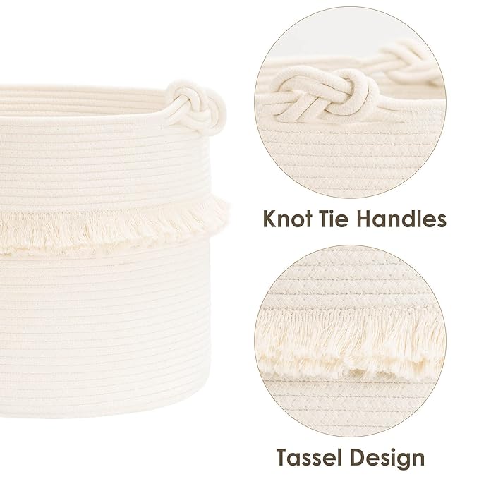 CherryNow Large Woven Storage Baskets – 16'' x 13'' Cotton Rope Decorative Hamper for Nursery, Toys, Blankets, and Laundry, Cute Tassel Nursery Decor - Home Storage Container Off-white