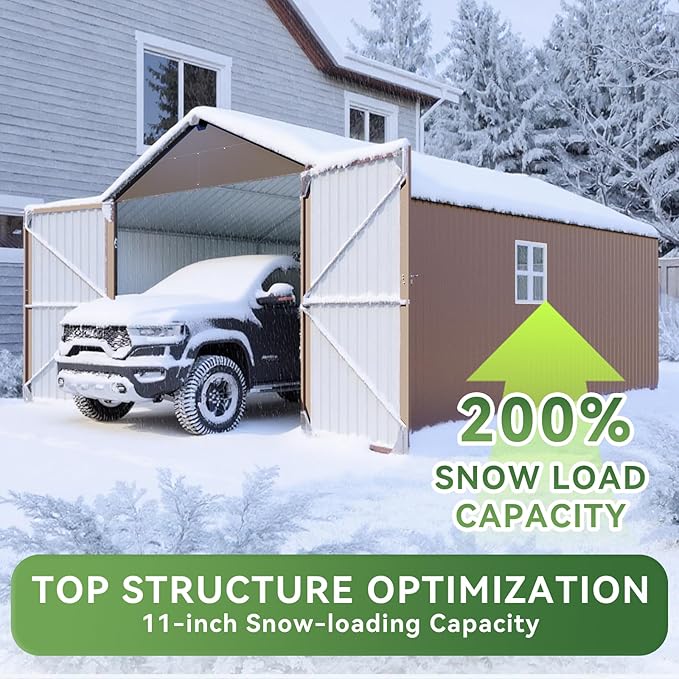 Aoxun 12x20x9.3 FT Metal Garage Shed Outdoor Large Storage Shed Carport with Double Doors,Side Door & Windows, Heavy Duty Garden Tool Shed All-Weather Outdoor Building for Vehicles & Sundries(Brown)