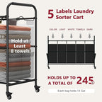 Tajsoon 5 Bag Laundry Sorter Cart, 5 Section Laundry Hamper with Heavy Duty Rolling Lockable Wheels, Laundry Basket Organizer with Removable Bags for Dirty Clothes Storage, Black