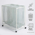 3-Bag Mesh Rolling Laundry Sorter Cart, Soft Silver, Removable Washable Bags, Easy-Roll Casters, Rust-Resistant PVC Tubing Frame w/ABS Corners, 29.5 x 19 x 30.5 in, for Dorm & Laundry Room