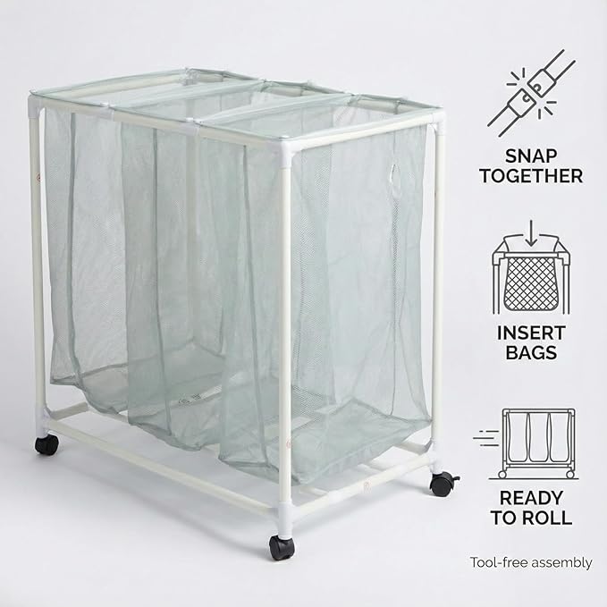 3-Bag Mesh Rolling Laundry Sorter Cart, Soft Silver, Removable Washable Bags, Easy-Roll Casters, Rust-Resistant PVC Tubing Frame w/ABS Corners, 29.5 x 19 x 30.5 in, for Dorm & Laundry Room