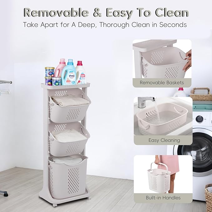GCCSJ 3-Tier Rolling Laundry Hamper Sorter with Wheels, 75L Capacity & Removable Mesh Baskets, Foldable Storage Organizer Cart for Bedroom, Bathroom, Laundry Room (17.32"x13.1"x42.59")