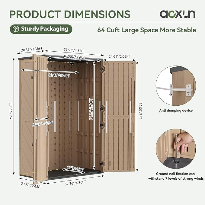Aoxun Outdoor Storage Shed with Floor, 64 Cu.Ft Large Outdoor Storage Cabinet, Waterproof Vertical Resin Shed for Garden Tools, Pool Equipment, Brown