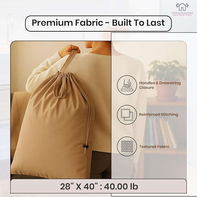 LFH Home Large Premium Cotton Canvas Laundry Bag with Drawstring and Handles Heavy Duty, Multi-Use, and Washable for Home, Travel, College or Storage 28x40 (Pack of 2)-Beige