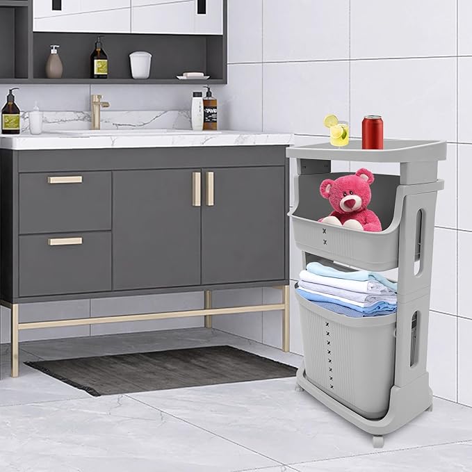 Laundry Basket Holder,3-Layer Stackable Laundry Basket System Rolling Storage Cart, Vertical Laundry Sorter with Wheel for Kitchen Shelf,Fruit Stand,Clothes Basket (Grey)