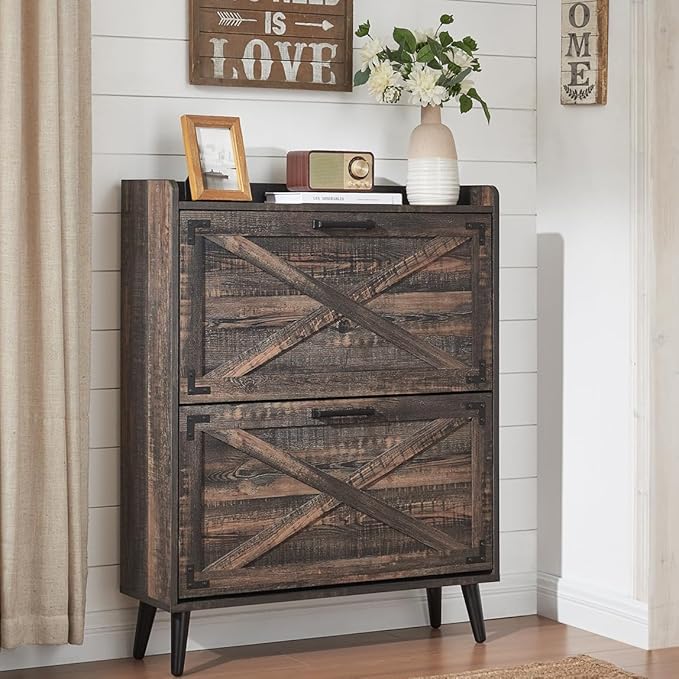 Shoe Storage Cabinet,Farmhouse Shoe Organizer with 2 Flip Drawers & Barn Door Design,Freestanding Hidden Slim Narrow Shoe Rack Cabinet for Entryway,Foyer,Hallway,Dark Oak