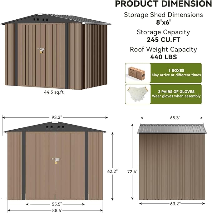 COMHOMA Shed Outdoor Storage Shed Metal,Lockable Doors Tool Sheds with Sloping Roof,Steel Garden Shed with Air Vent for Backyard,Patio,Lawn,Poolside(Brown,8'x6')