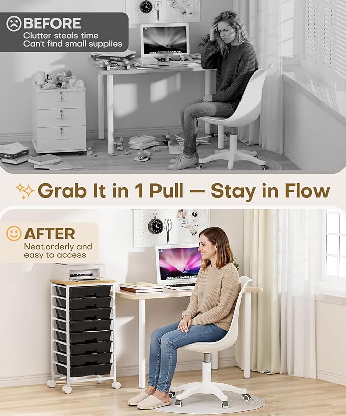 Homde Rolling Storage Drawer Cart: 8-Drawer Sort to Clear Desk & Dresser Clutter - Anti-Fall Smooth Glide Prevents Spill-Out During Daily Grab - Lockable Wheels Keep It Steady
