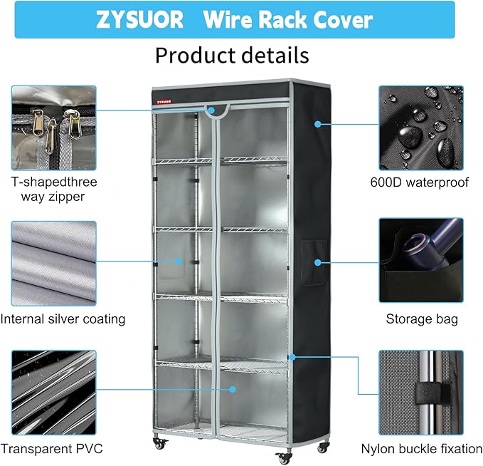 Waterproof and Dustproof Shelf Cover for Storage Shelving and Wire Rack, Fits Racks 30" L x 14" D x 62" H, Clear Front Cover with Zipper Design (Black, No Shelves)