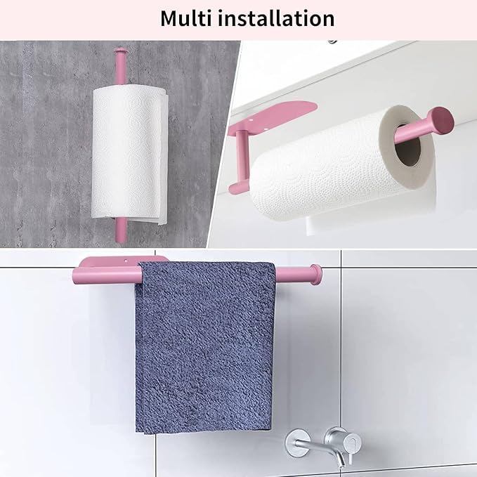 YeeBeny Pink Paper Towel Holder - Self Adhesive or Drilling, Under Cabinet or Wall Mounted