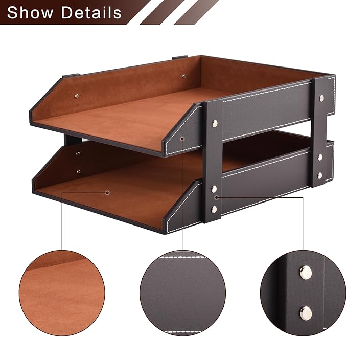 Leather Desk Organizer,2-Tier Stackable Letter Tray Holder,Office Supplies Desktop Storage Box for Document,Stationery,Magazines,Newspapers,Letters and Other Home Office Paper Sundries,Coffee