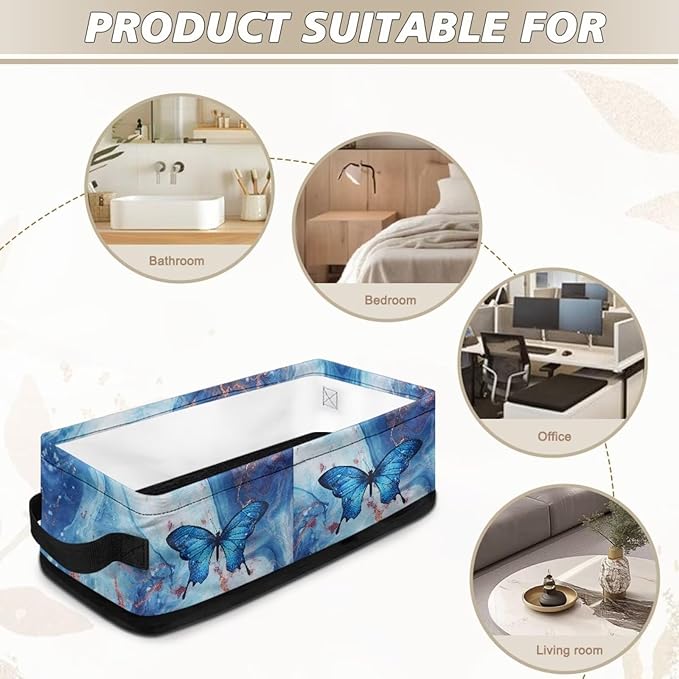 Bathroom Storage Bin Narrow Organizer Versatile Storage Basket for Countertops Vanities Shelves Stylish Rectangle Storage Box for Toilet Paper Towels, Blue Marble Butterfly