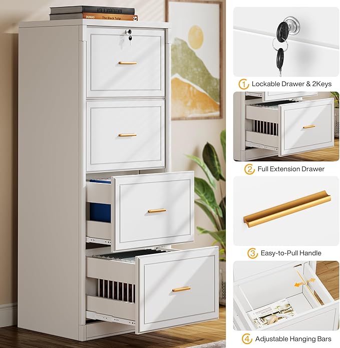 Tribesigns 4-Drawer File Cabinet with Lock, Locked File Cabinet with Key, Tall Wooden Filing Cabinets for Home Office, Vertical Office Storage for Legal Size/Letter/A4/Files, White