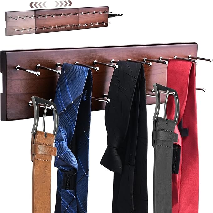 Wood Pull Out Belt Rack for Closet, 21 Tie Hanger Extending Sliding Tie Rack Hanger, Side Mount Sliding Rail Organizer Storage Rack Holder with 21 Hooks for Ties Scarves Belts Shawls, Wooden