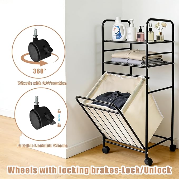 Rolling Storage Cart with Laundry Hamper, 3-Tier Rolling Utility Cart, Removable Laundry Basket - Metal Storage Organizer with Lockable Wheels for Bathroom - 80L, 14.4" x 13.8" x 39.7"