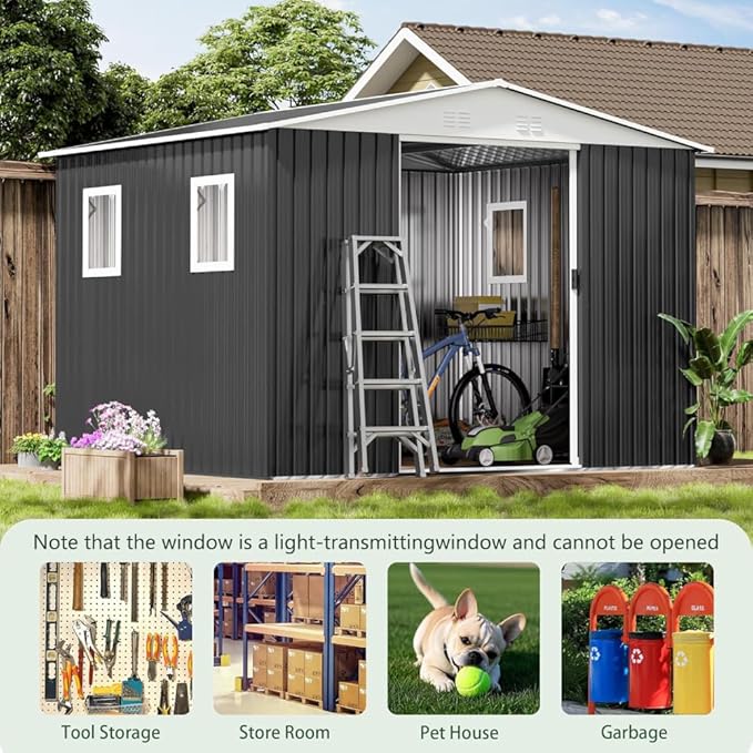 Heavy-Duty Outdoor Garden Shed with Aluminum Alloy Frame, Hinged Door, and Stable Foundation for Secure Storage (10x8 Feet Grey with 4 Transparent Window)