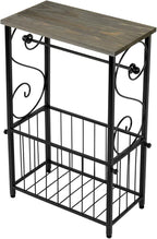 MyGift Scrollwork Black Metal Toilet Paper Roll Holder and Magazine Rack Stand with Gray Solid Wood Display Shelf