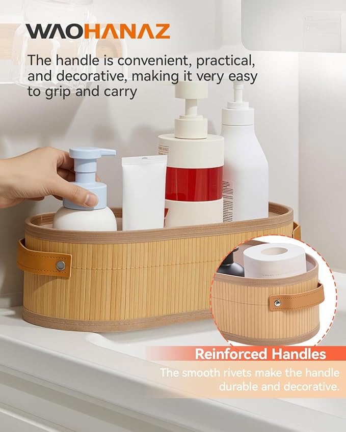 Toilet Paper Storage Basket Bathroom Counter Organizer Bamboo Baskets for Organizing, with Lid & Handels-Decorative Storage Set, 2-Pack